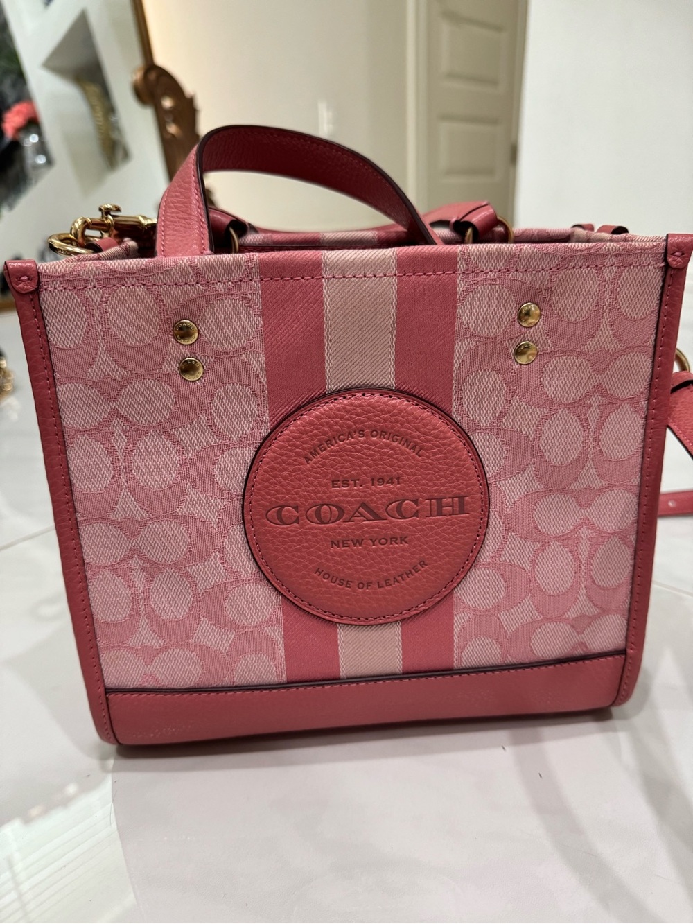 COACH Pink Signature Canvas Satchel with Stripe